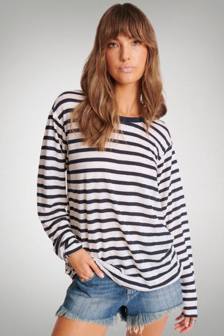 ONE TEASPOON Womens LInen Yarn Dye Stripe Longsleeve Boyfriend Tee - Blue & White, WOMENS TEES & TANKS, OneTeaspoon, Elwood 101