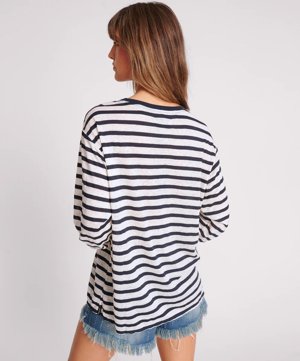 ONE TEASPOON Womens LInen Yarn Dye Stripe Longsleeve Boyfriend Tee - Blue & White, WOMENS TEES & TANKS, OneTeaspoon, Elwood 101