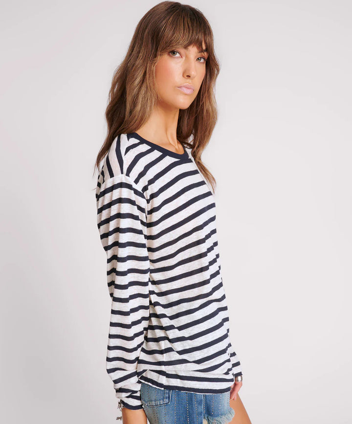 ONE TEASPOON Womens LInen Yarn Dye Stripe Longsleeve Boyfriend Tee - Blue & White, WOMENS TEES & TANKS, OneTeaspoon, Elwood 101