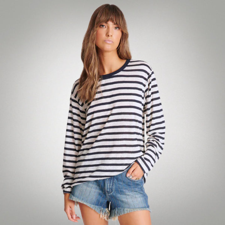 ONE TEASPOON Womens LInen Yarn Dye Stripe Longsleeve Boyfriend Tee - Blue & White, WOMENS TEES & TANKS, OneTeaspoon, Elwood 101