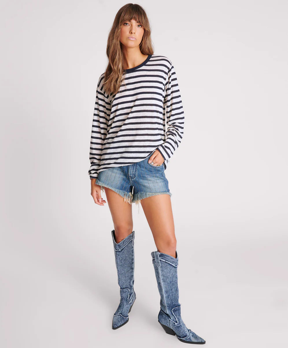 ONE TEASPOON Womens LInen Yarn Dye Stripe Longsleeve Boyfriend Tee - Blue & White, WOMENS TEES & TANKS, OneTeaspoon, Elwood 101