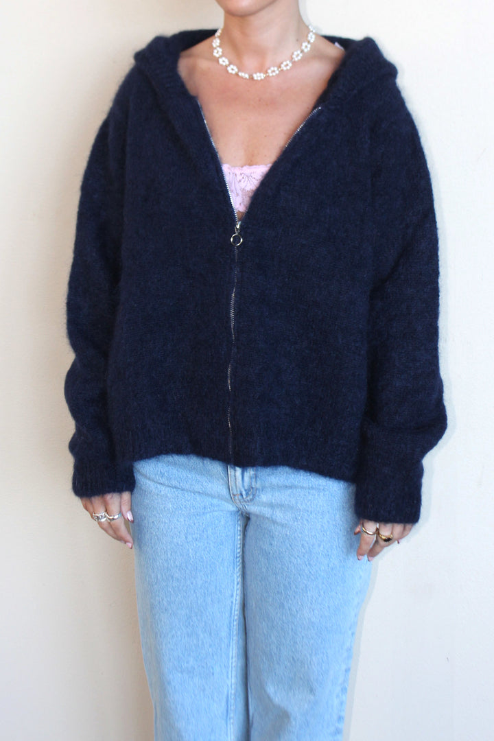 MAISON ANJE Womens Lenebula Kid Mohair Hooded Zip Cardigan Navy, WOMENS KNITS & SWEATERS, MAISON ANJE, Elwood 101