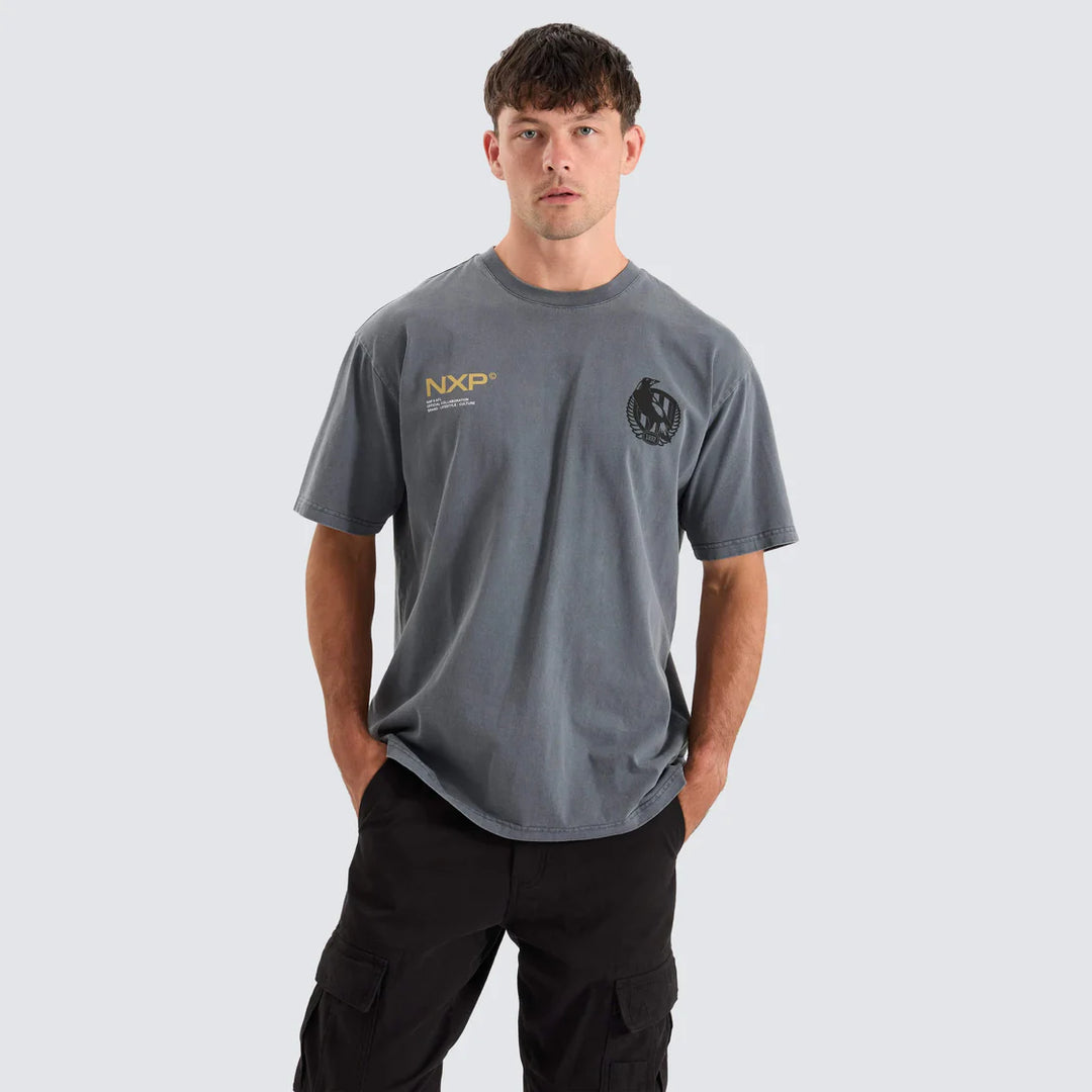 NENA & PASADENA  AFL Mens Collingwood Magpies Box Fit Tee Shirt - Pigment Charcoal, MENS TEE SHIRTS, NENA PASADENA, Elwood 101
