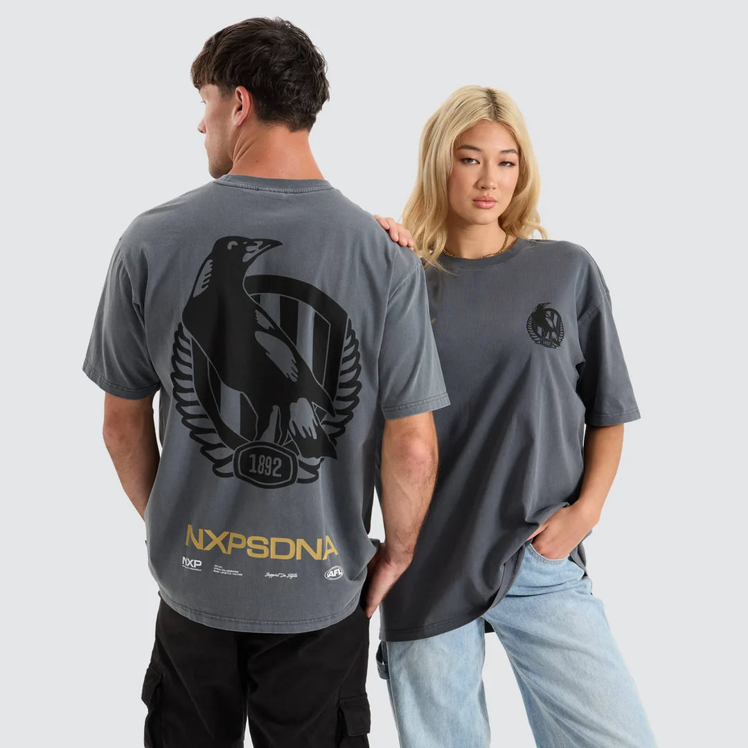 NENA & PASADENA  AFL Mens Collingwood Magpies Box Fit Tee Shirt - Pigment Charcoal, MENS TEE SHIRTS, NENA PASADENA, Elwood 101
