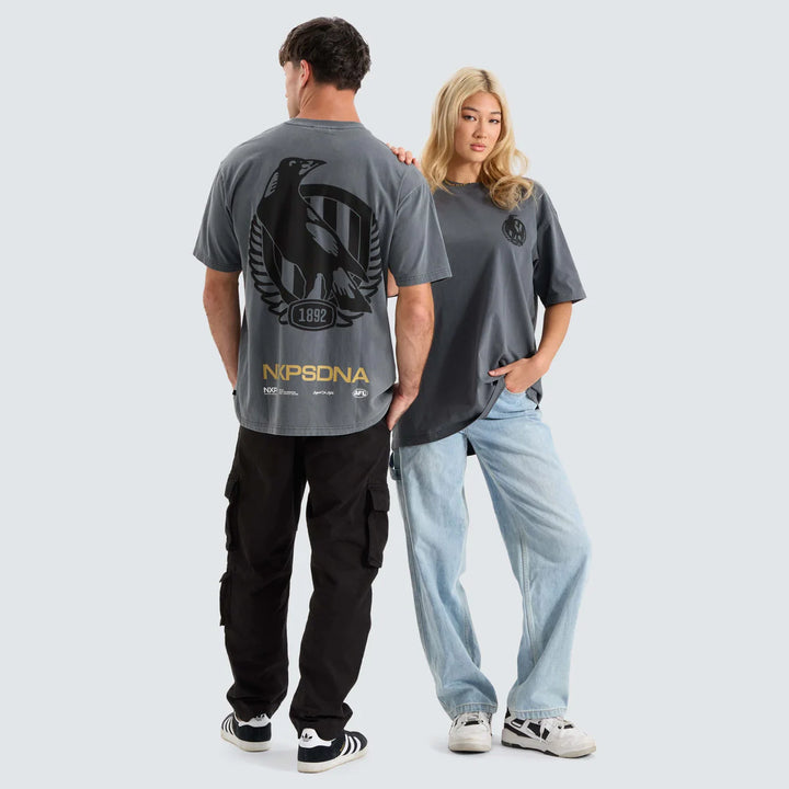 NENA & PASADENA  AFL Mens Collingwood Magpies Box Fit Tee Shirt - Pigment Charcoal, MENS TEE SHIRTS, NENA PASADENA, Elwood 101