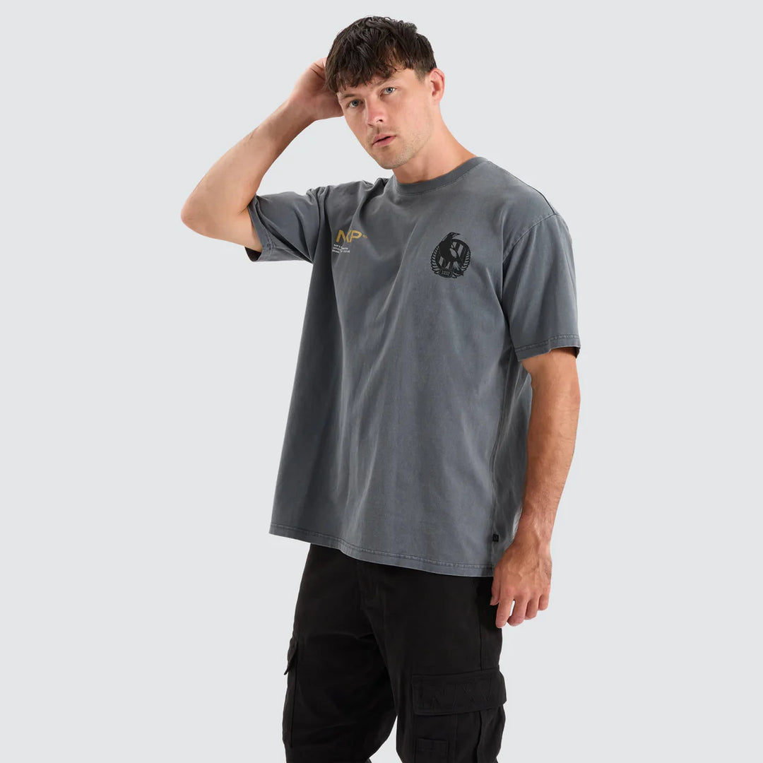 NENA & PASADENA  AFL Mens Collingwood Magpies Box Fit Tee Shirt - Pigment Charcoal, MENS TEE SHIRTS, NENA PASADENA, Elwood 101