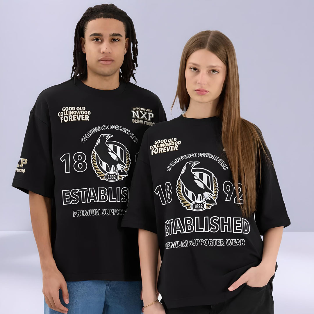 NENA & PASADENA  AFL Mens Collingwood Magpies Mega Loop Back Tee Shirt - Jet Black, MENS TEE SHIRTS, NENA PASADENA, Elwood 101