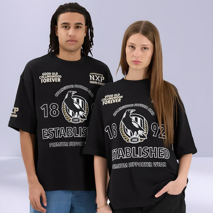 NENA & PASADENA  AFL Mens Collingwood Magpies Mega Loop Back Tee Shirt - Jet Black, MENS TEE SHIRTS, NENA PASADENA, Elwood 101