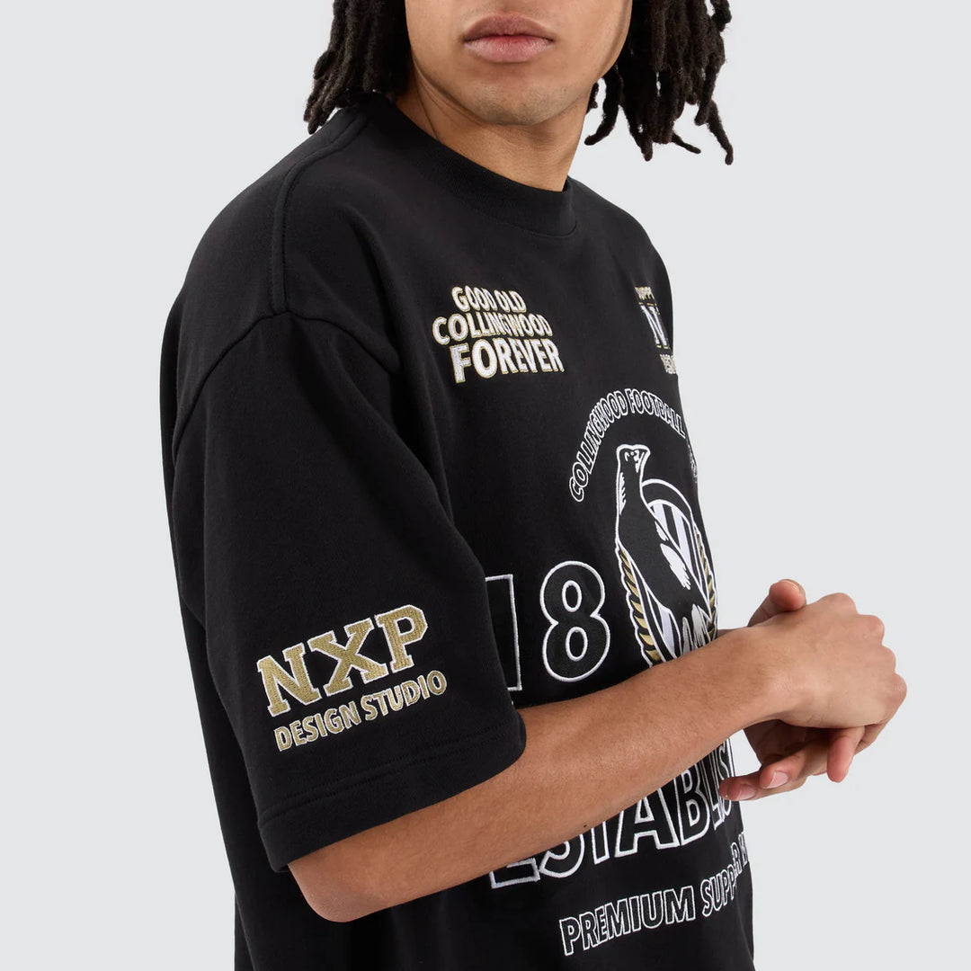 NENA & PASADENA  AFL Mens Collingwood Magpies Mega Loop Back Tee Shirt - Jet Black, MENS TEE SHIRTS, NENA PASADENA, Elwood 101