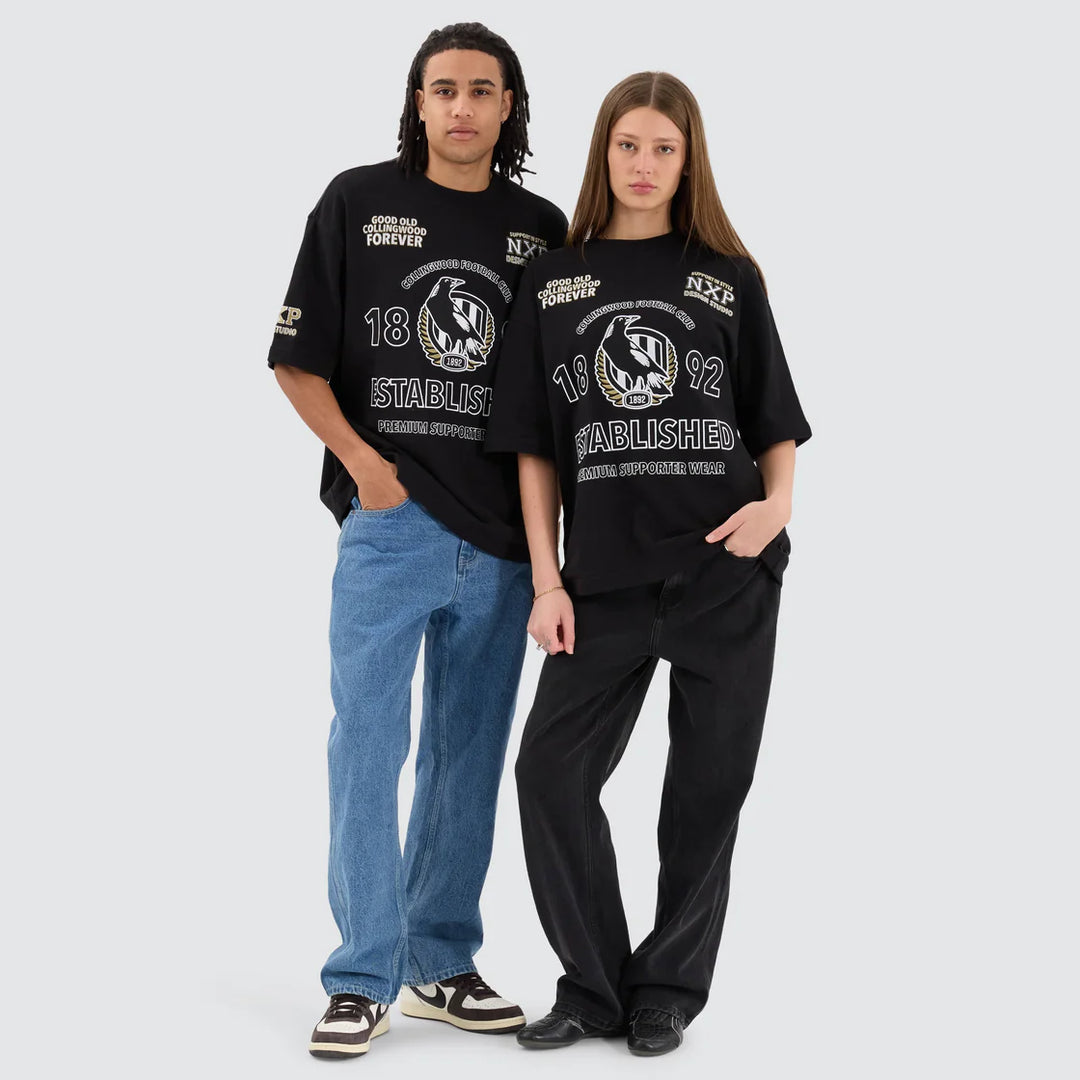 NENA & PASADENA  AFL Mens Collingwood Magpies Mega Loop Back Tee Shirt - Jet Black, MENS TEE SHIRTS, NENA PASADENA, Elwood 101