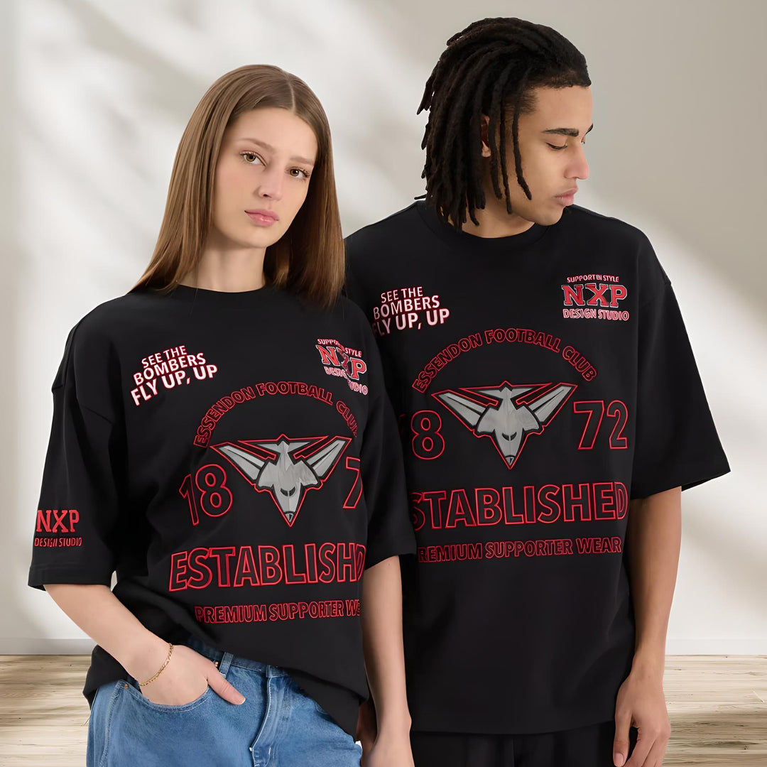 NENA & PASADENA  AFL Mens Essendon Bombers Mega Loop Back Tee Shirt - Jet Black, MENS TEE SHIRTS, NENA PASADENA, Elwood 101