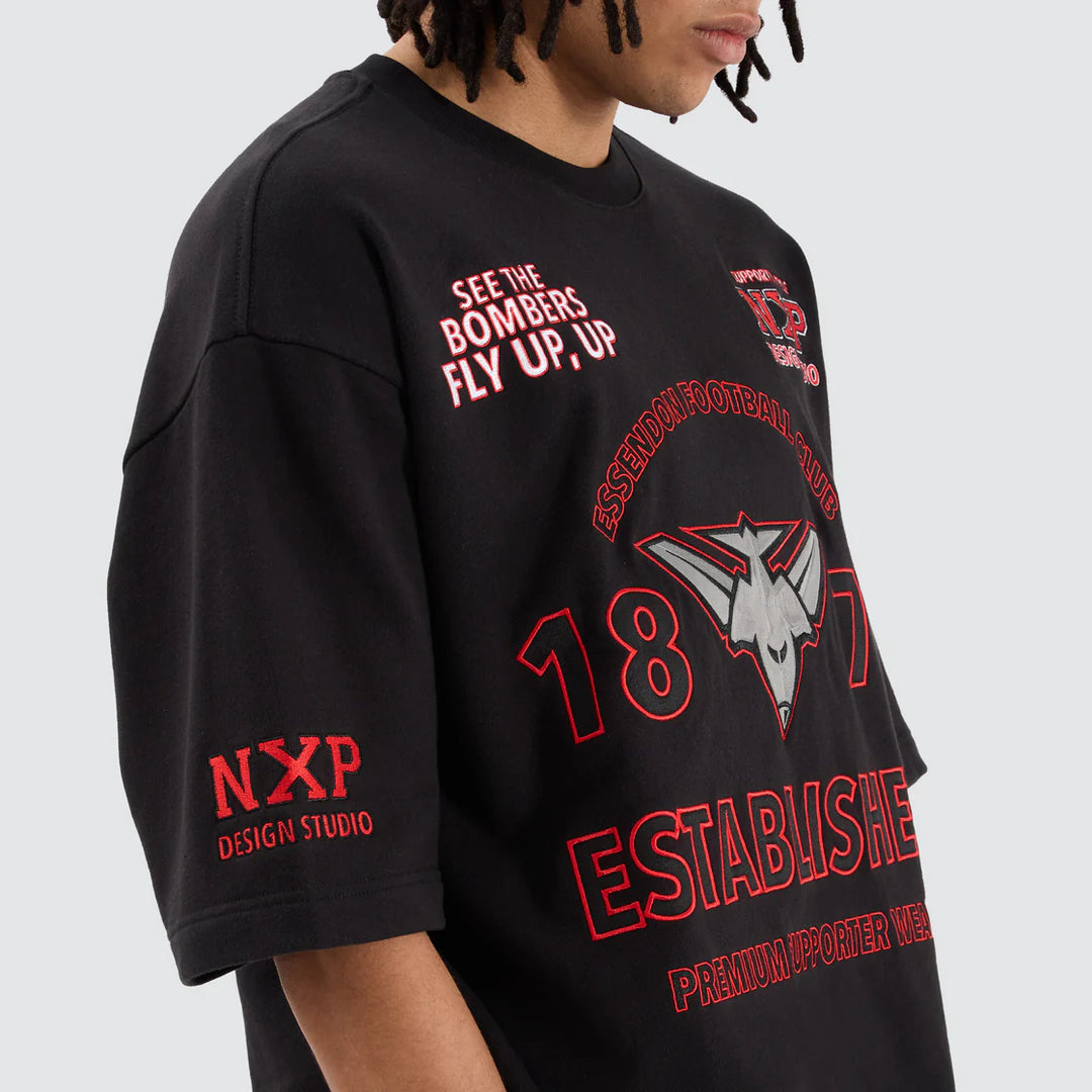NENA & PASADENA  AFL Mens Essendon Bombers Mega Loop Back Tee Shirt - Jet Black, MENS TEE SHIRTS, NENA PASADENA, Elwood 101