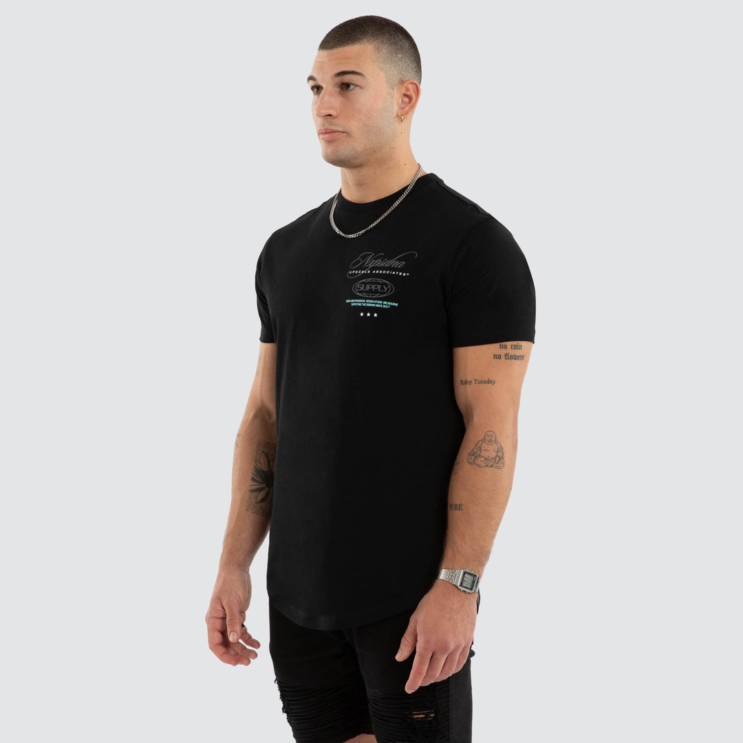 NENA & PASADENA Mens Blackreach Dual Curved Hem Tee in Jet Black, MENS TEE SHIRTS, NENA PASADENA, Elwood 101