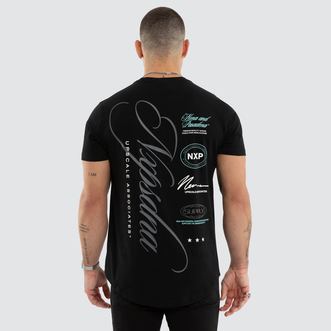 NENA & PASADENA Mens Blackreach Dual Curved Hem Tee in Jet Black, MENS TEE SHIRTS, NENA PASADENA, Elwood 101