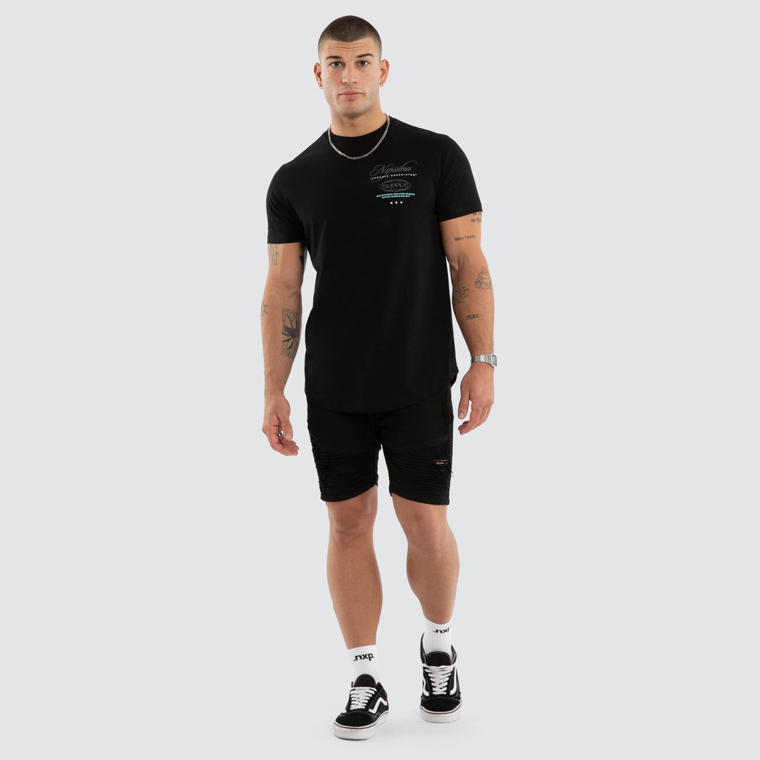 NENA & PASADENA Mens Blackreach Dual Curved Hem Tee in Jet Black, MENS TEE SHIRTS, NENA PASADENA, Elwood 101