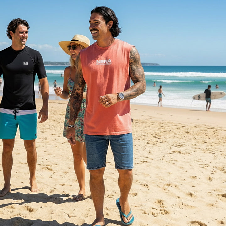 NENA & PASADENA Mens Demand Relaxed Muscle Tee in Acid Wash Cayenne