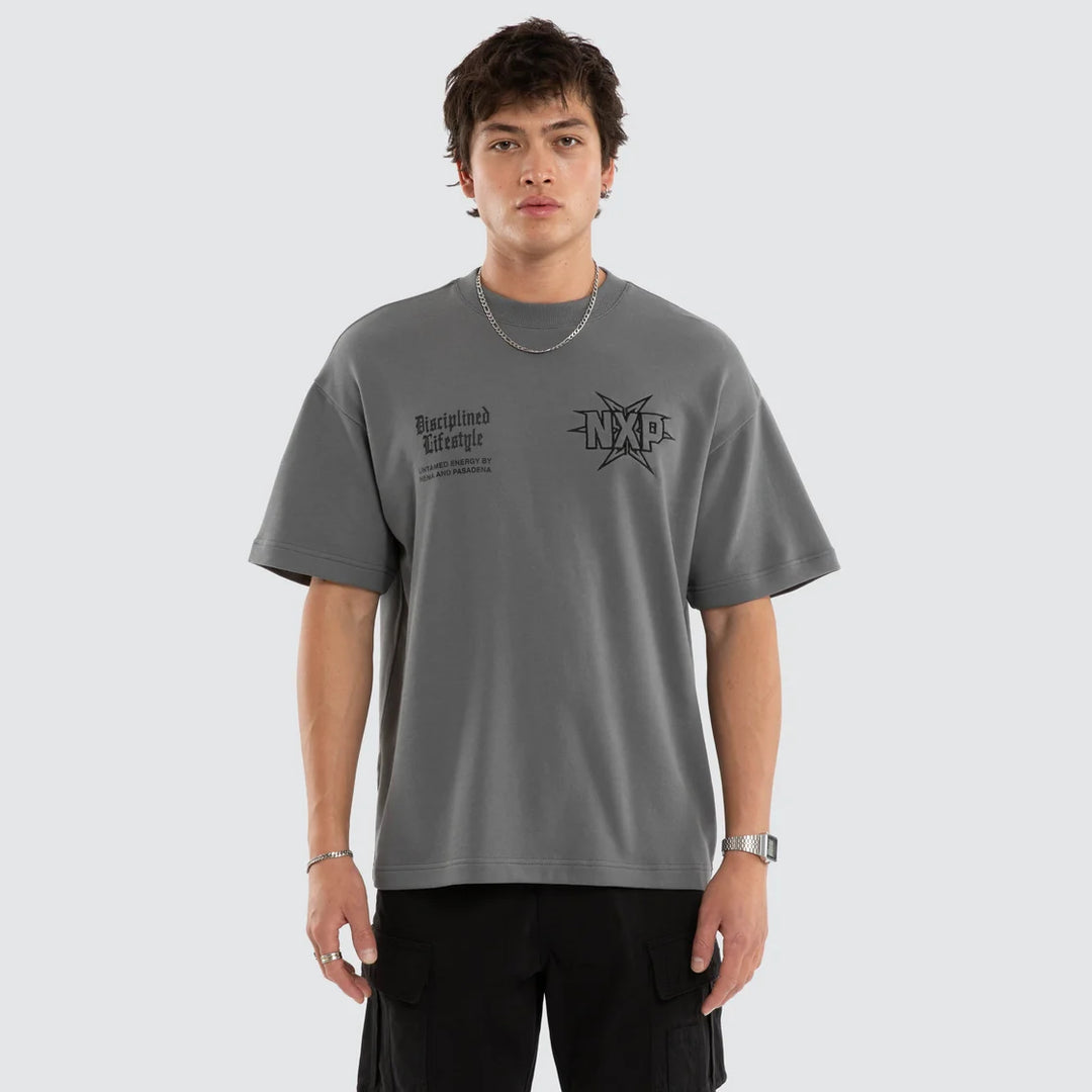 NENA & PASADENA Mens Octavian Loopback Raptor Tee in Lava Smoke Grey