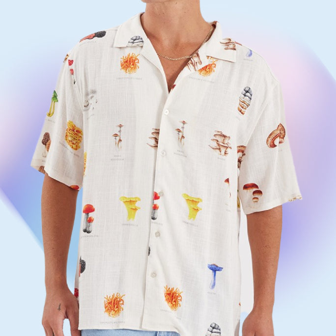 NOMADIC PARADISE Mens Collector Cropped Resort Short Sleeve Shirt - Mushies, MENS SHIRTS, NOMADIC PARADISE, Elwood 101