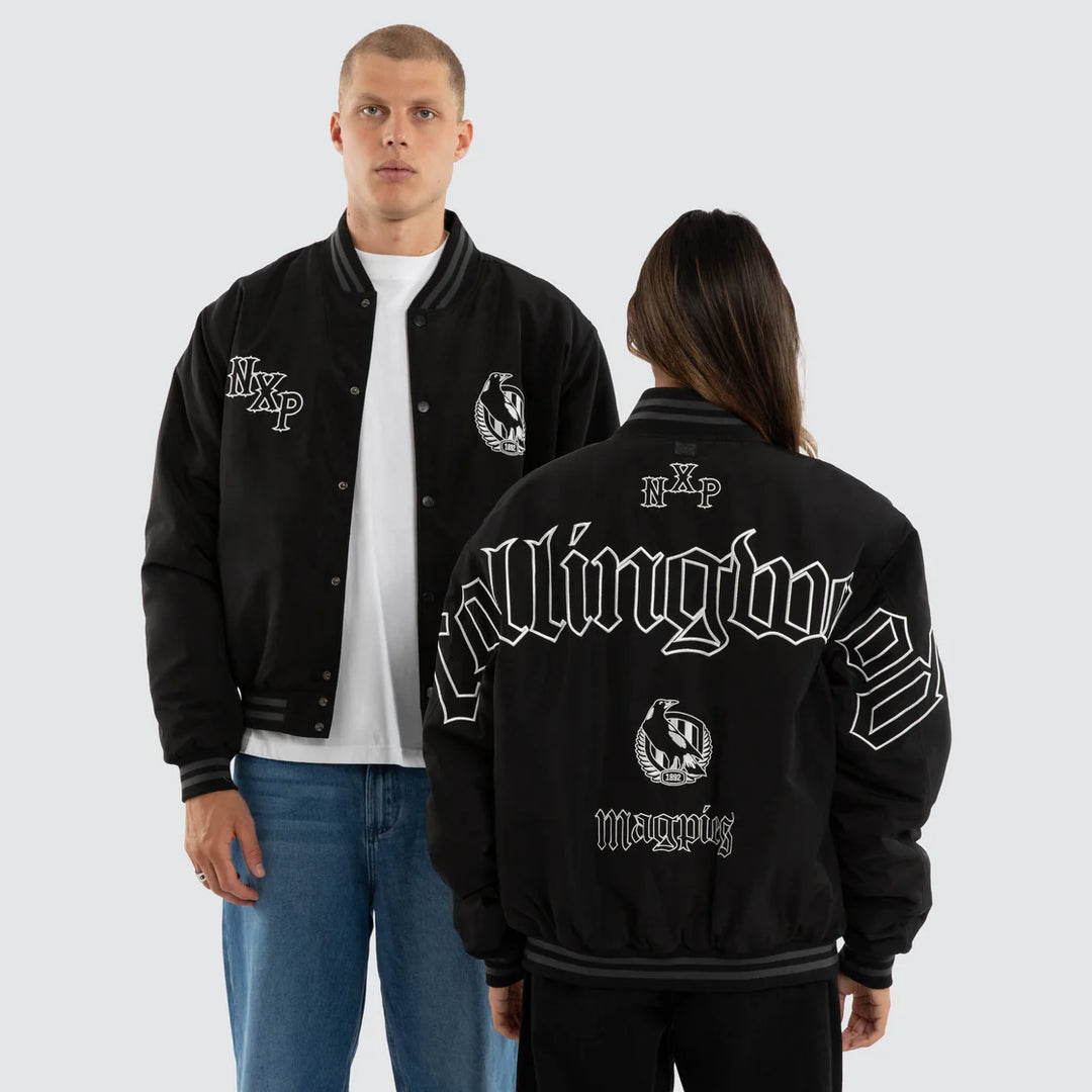 NXP x AFL Collingwood Magpies Retro Bomber Jacket in Jet Black, MENS JACKETS, NENA PASADENA, Elwood 101