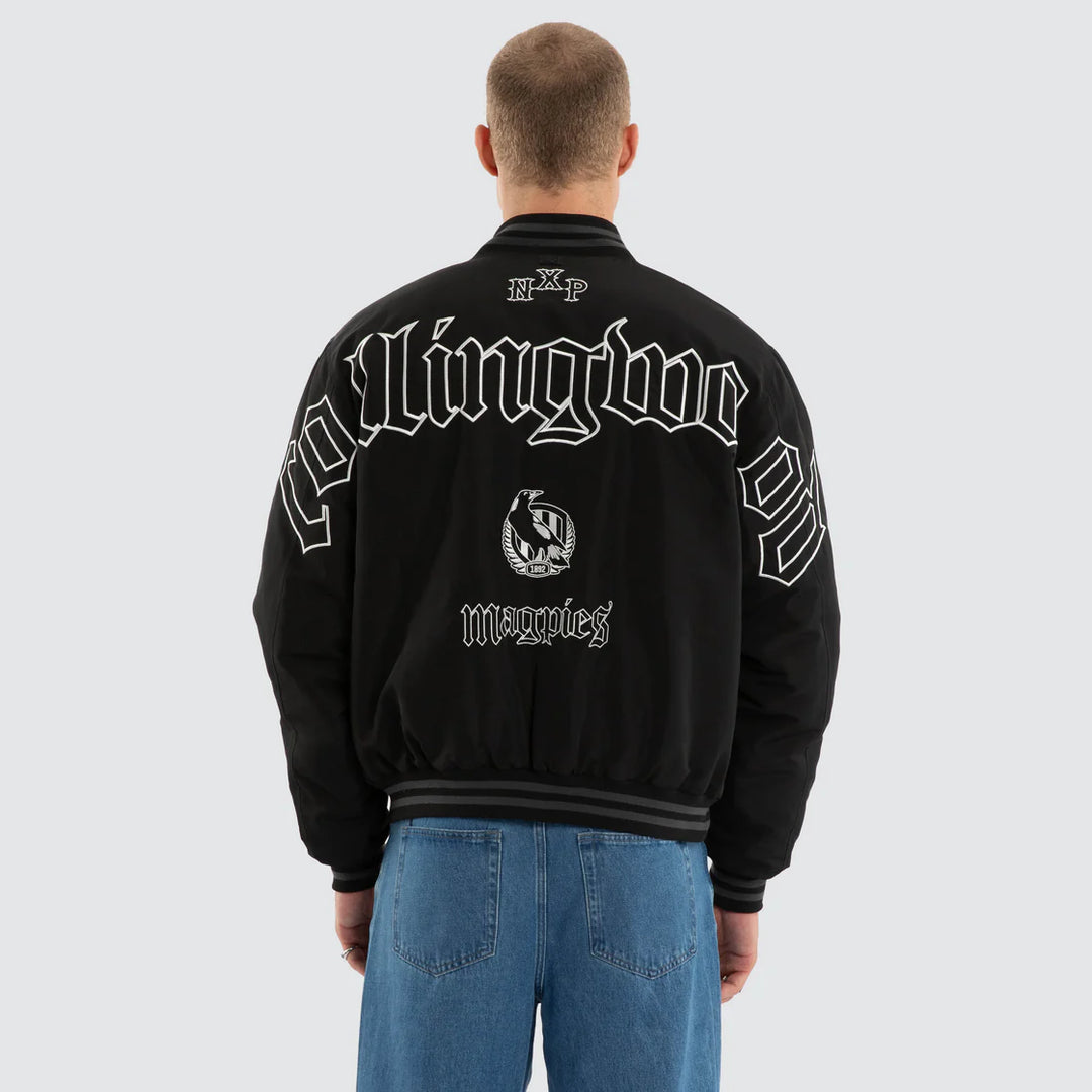 NXP x AFL Collingwood Magpies Retro Bomber Jacket in Jet Black, MENS JACKETS, NENA PASADENA, Elwood 101