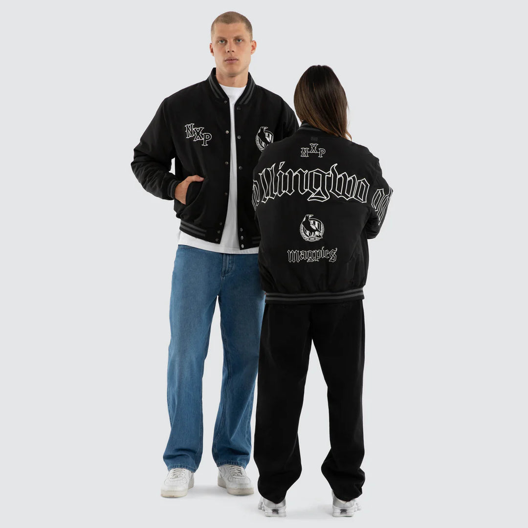 NXP x AFL Collingwood Magpies Retro Bomber Jacket in Jet Black, MENS JACKETS, NENA PASADENA, Elwood 101