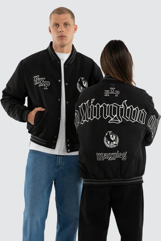 NXP x AFL Collingwood Magpies Retro Bomber Jacket in Jet Black, MENS JACKETS, NENA PASADENA, Elwood 101