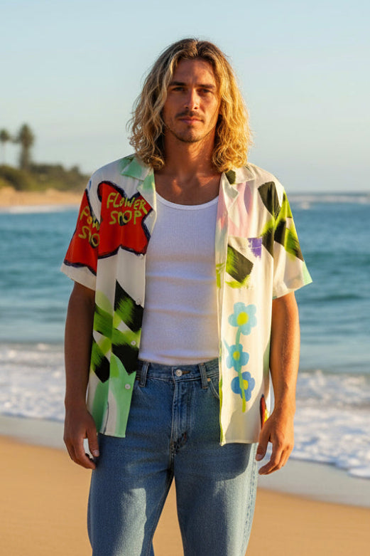 OAS Mens Flower Shop Viscose Shirt in White Graffiti