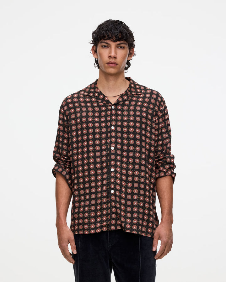 OAS Company Mens Coffee Lumo Brillo Viscose Long Sleeve Shirt in Coffee/Black