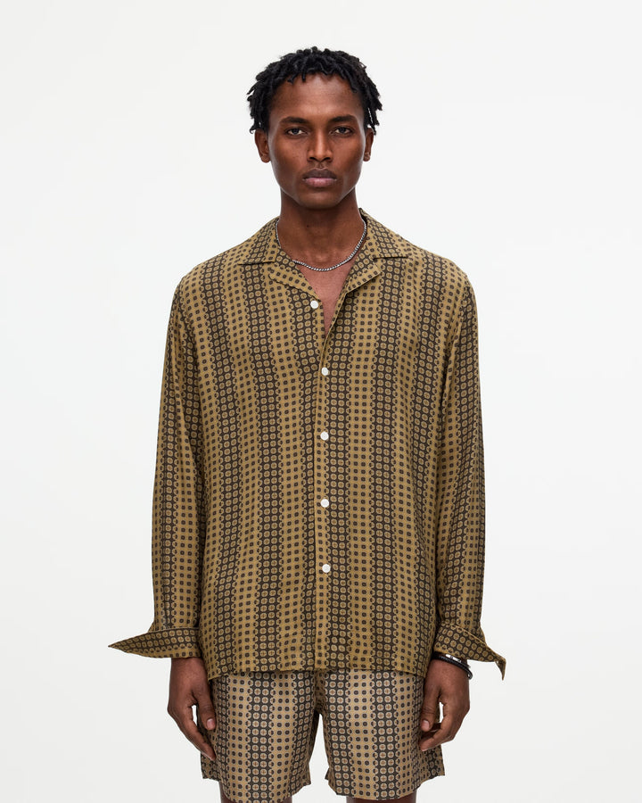 OAS Company Mens Regalia Brillo Viscose Long Sleeve Shirt in Brown & Mustard