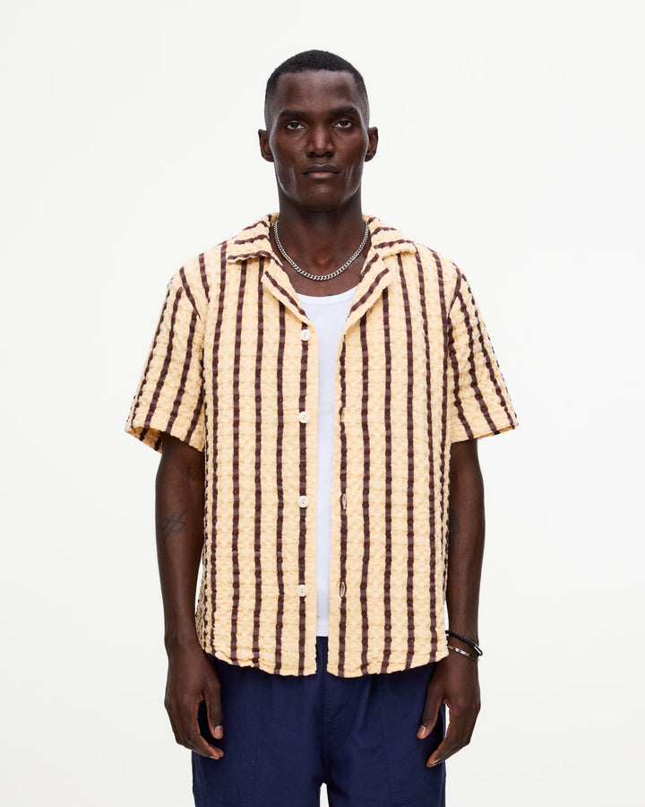 OAS Company Mens Tartufo Cuba Waffle Shirt in Butter & Chocolate Stripe