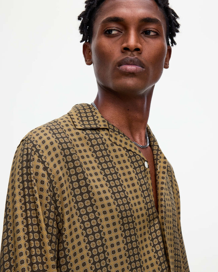 OAS Company Mens Regalia Brillo Viscose Long Sleeve Shirt in Brown & Mustard