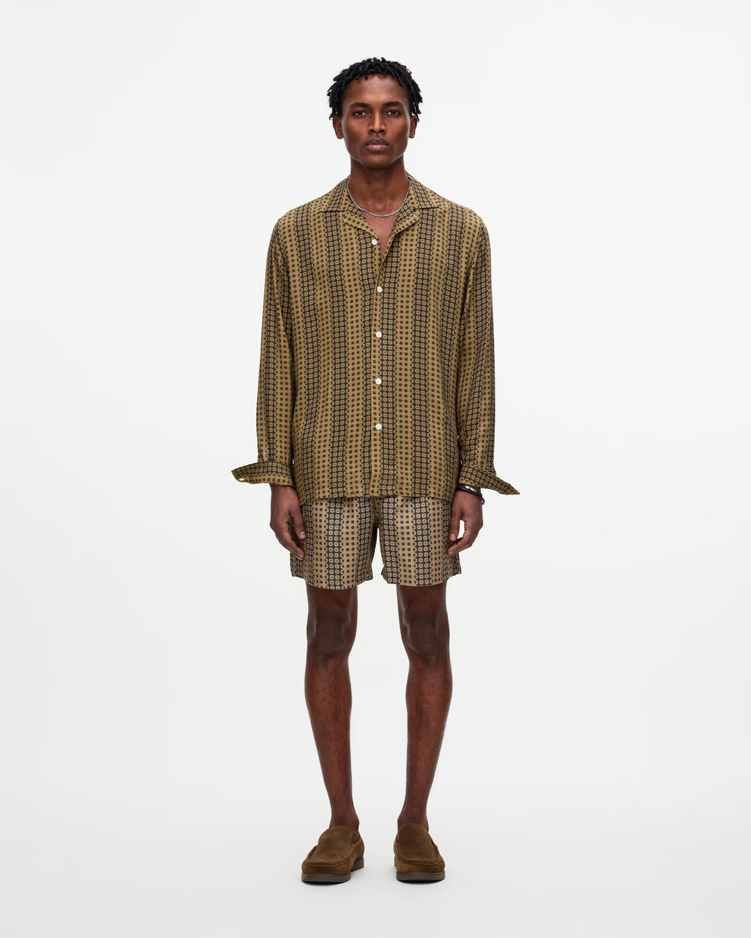 OAS Company Mens Regalia Brillo Viscose Long Sleeve Shirt in Brown & Mustard