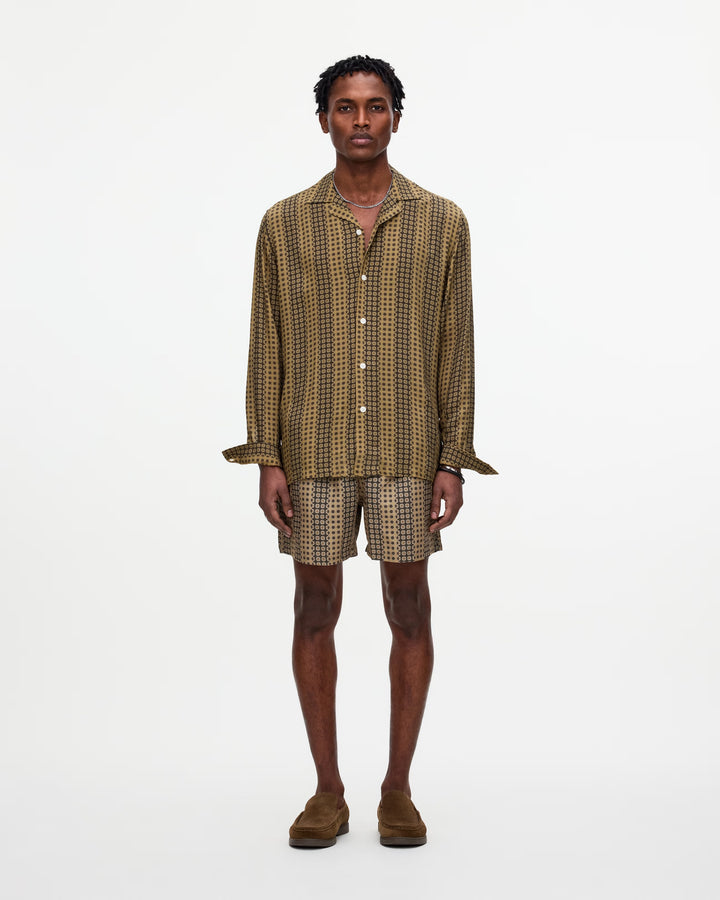 OAS Company Mens Regalia Brillo Viscose Long Sleeve Shirt in Brown & Mustard