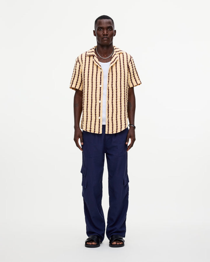 OAS Company Mens Tartufo Cuba Waffle Shirt in Butter & Chocolate Stripe