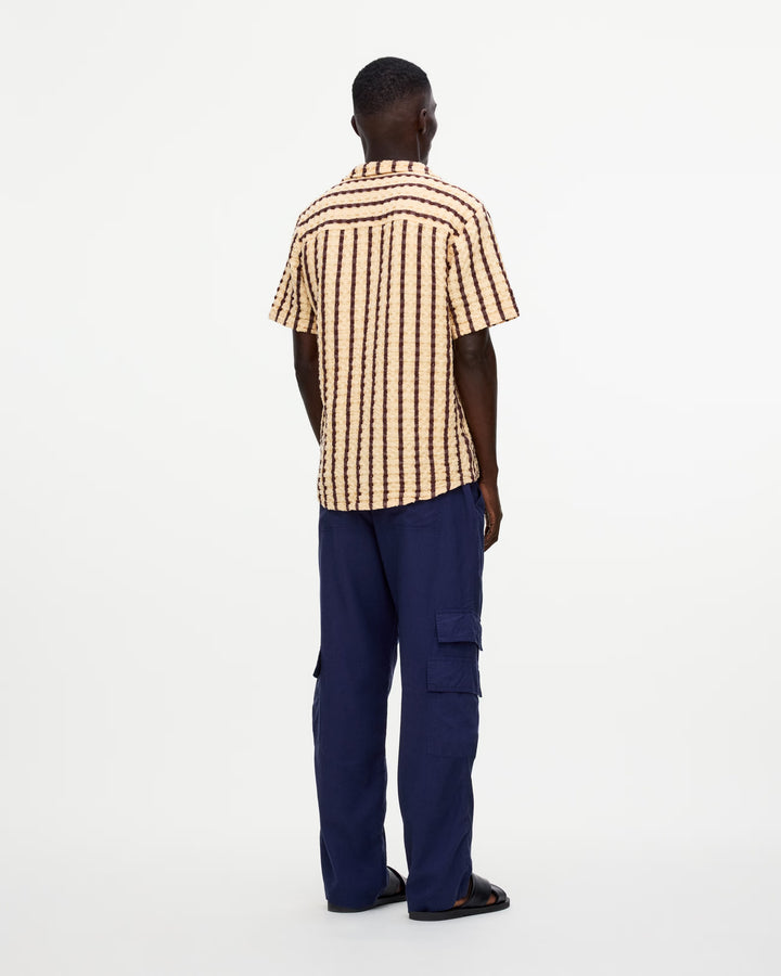 OAS Company Mens Tartufo Cuba Waffle Shirt in Butter & Chocolate Stripe