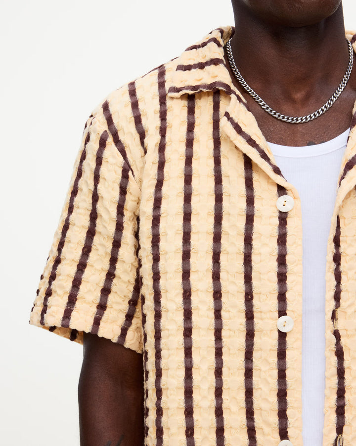OAS Company Mens Tartufo Cuba Waffle Shirt in Butter & Chocolate Stripe