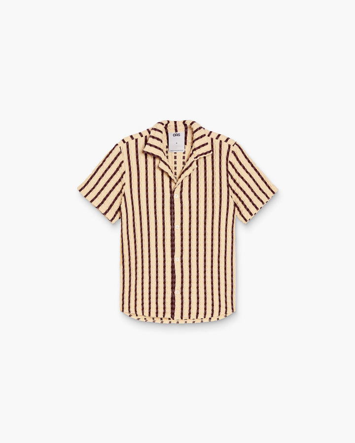 OAS Company Mens Tartufo Cuba Waffle Shirt in Butter & Chocolate Stripe