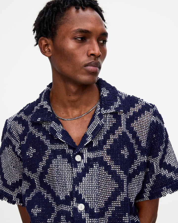 OAS Company Mens Trastevere Cuba Crochet Shirt in Navy