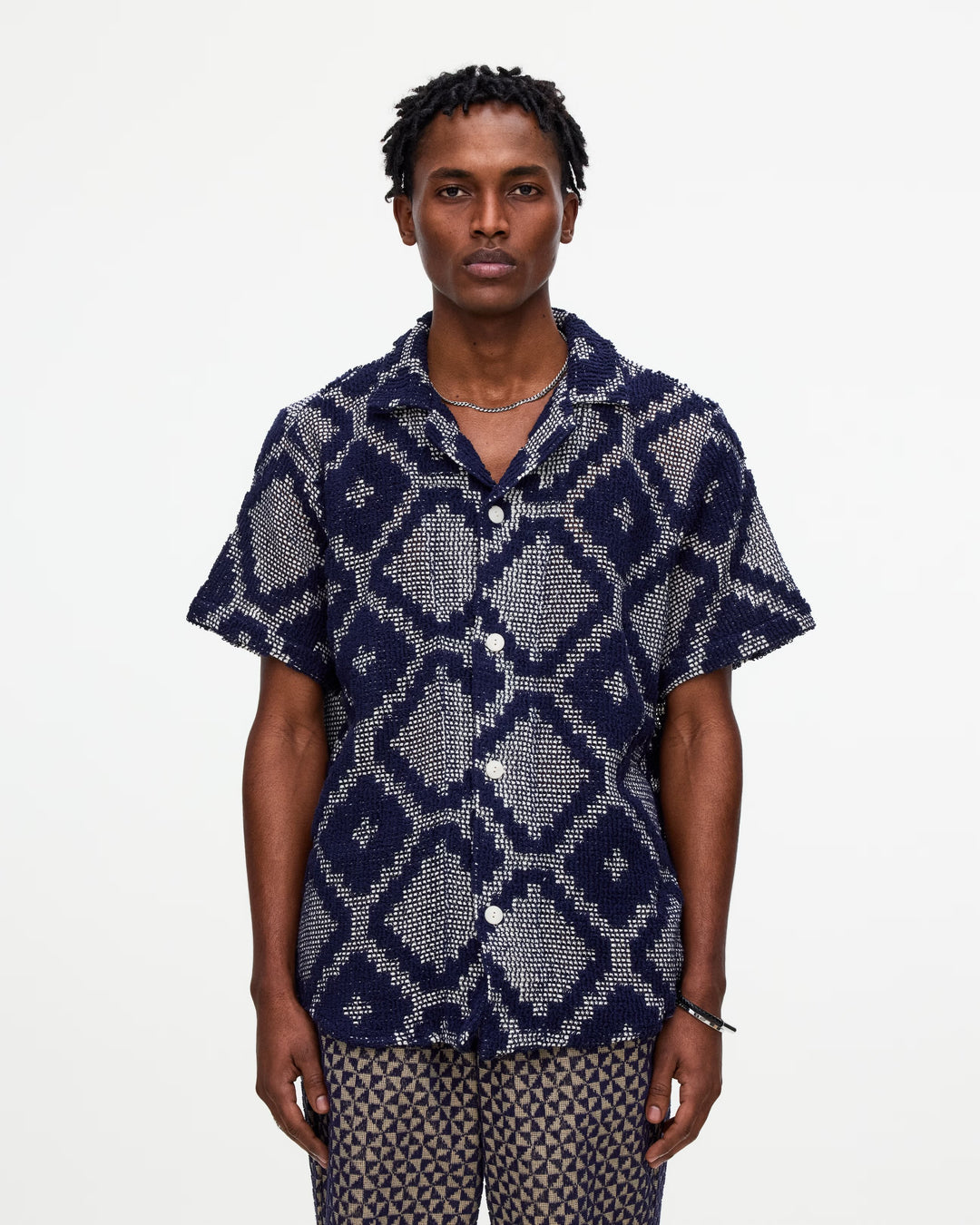 OAS Company Mens Trastevere Cuba Crochet Shirt in Navy