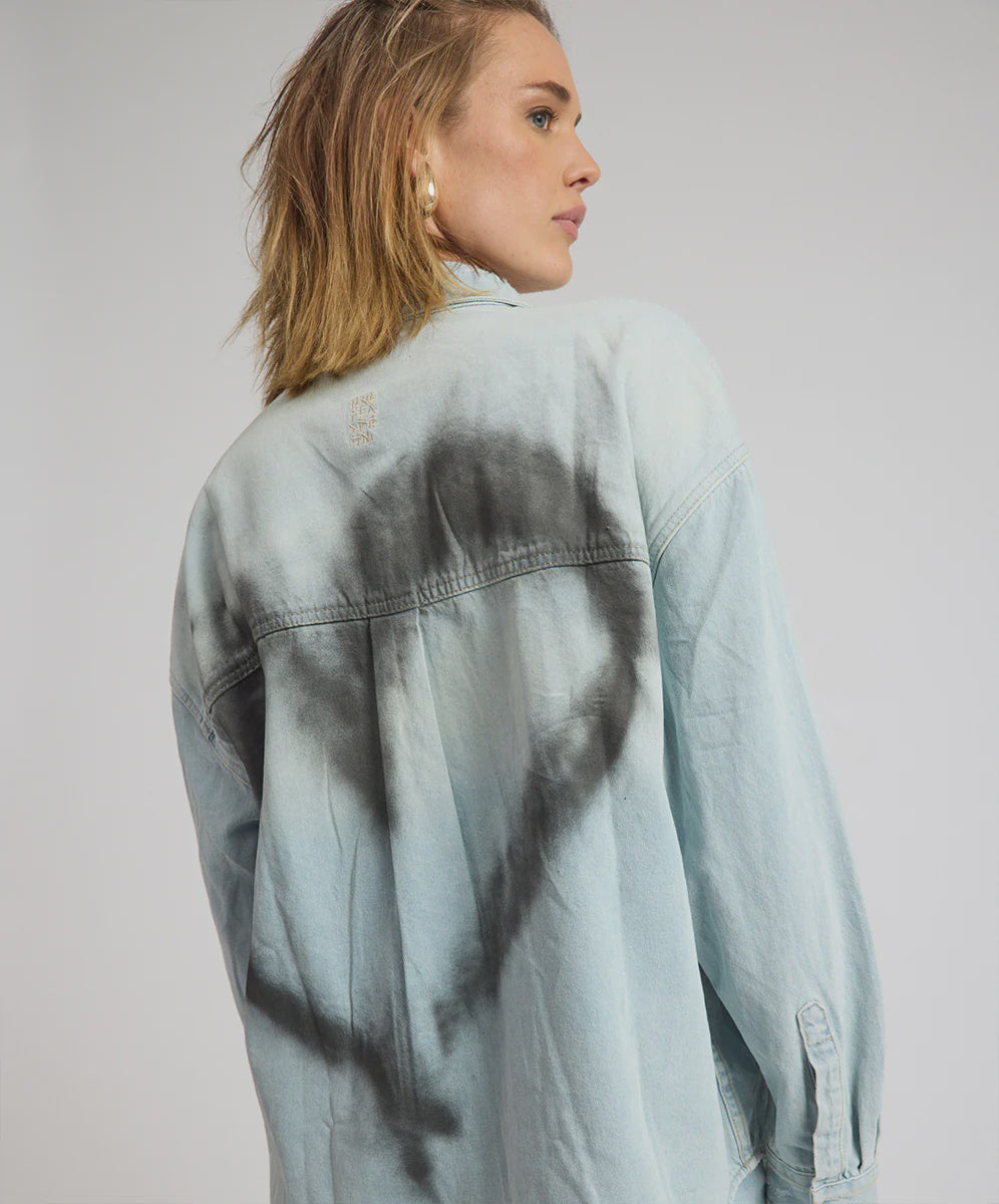 ONE TEASPOON Womens Daydream Heart Oversized Denim Shirt in Sea Mist Blue, WOMENS TOPS & SHIRTS, OneTeaspoon, Elwood 101