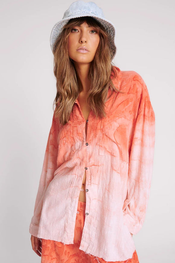 ONE TEASPOON Womens Hand Painted Sunset Muslin Longline Shirt - Coral, WOMENS TOPS & SHIRTS, OneTeaspoon, Elwood 101