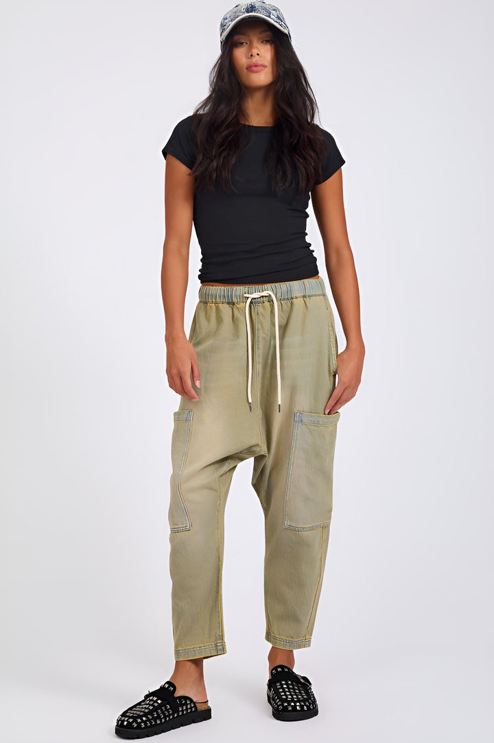 ONE TEASPOON Womens Isla Low Waist Drawstring Harem Denim Jeans in Warm Khaki, WOMENS DENIM, OneTeaspoon, Elwood 101