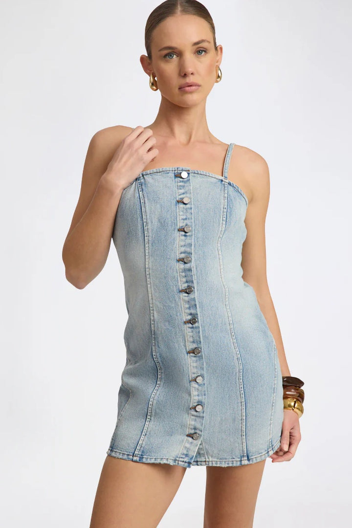ONE TEASPOON Womens Riviera Fitted Strappy Mini Denim Dress in Hendrixe Blue