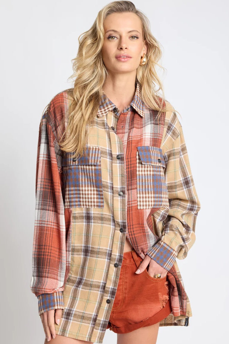 ONE TEASPOON Womens Essential Patchwork Flannel Shirt in Natural