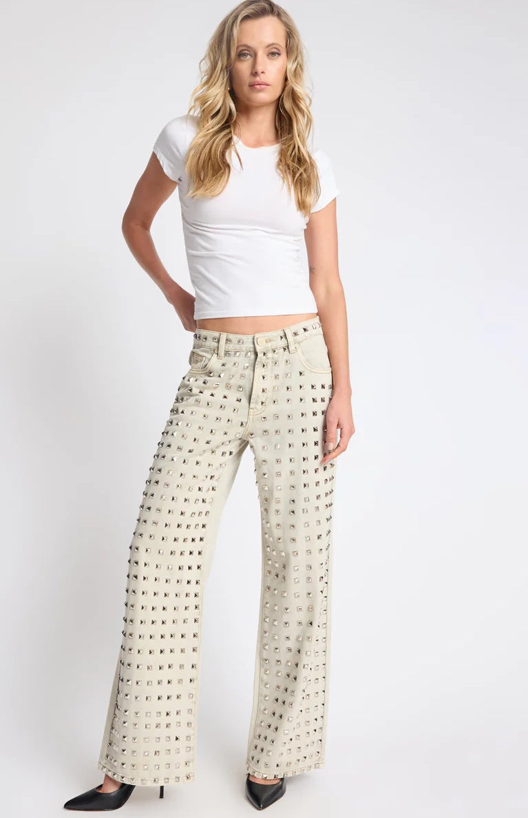 ONE TEASPOON Womens Jackson Mid Waist Wide Leg Studded Denim Jeans in Antique Khaki, WOMENS DENIM, OneTeaspoon, Elwood 101