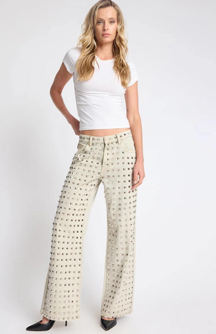 ONE TEASPOON Womens Jackson Mid Waist Wide Leg Studded Denim Jeans in Antique Khaki, WOMENS DENIM, OneTeaspoon, Elwood 101