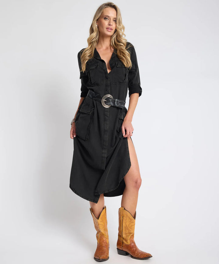 ONE TEASPOON Womens Crushed Midi Shirt Dress in Black, WOMENS DRESSES, OneTeaspoon, Elwood 101