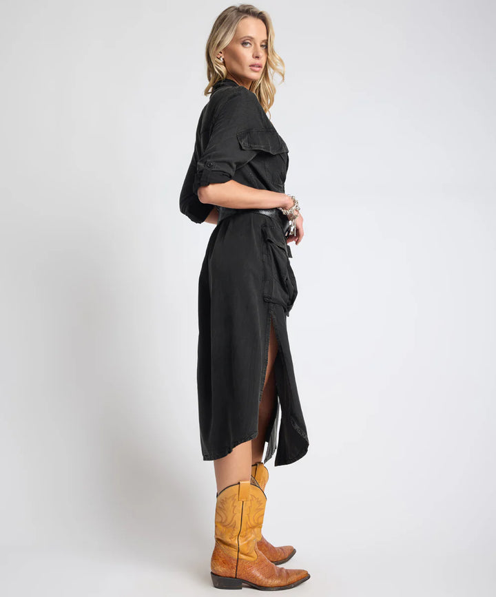 ONE TEASPOON Womens Crushed Midi Shirt Dress in Black, WOMENS DRESSES, OneTeaspoon, Elwood 101