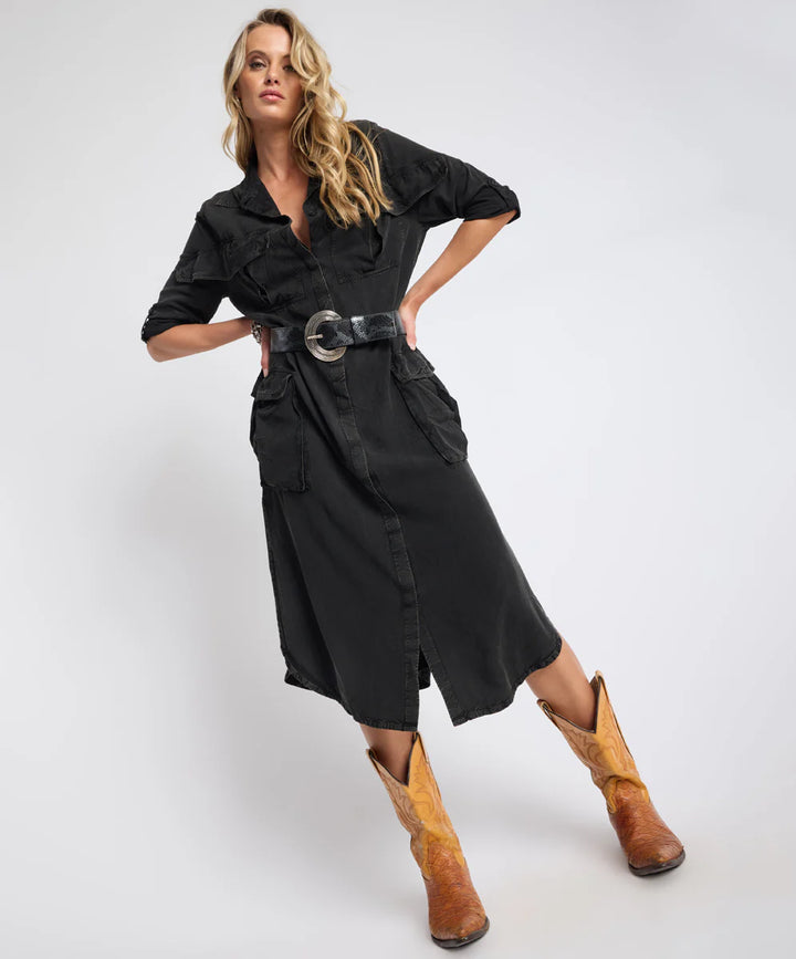 ONE TEASPOON Womens Crushed Midi Shirt Dress in Black, WOMENS DRESSES, OneTeaspoon, Elwood 101