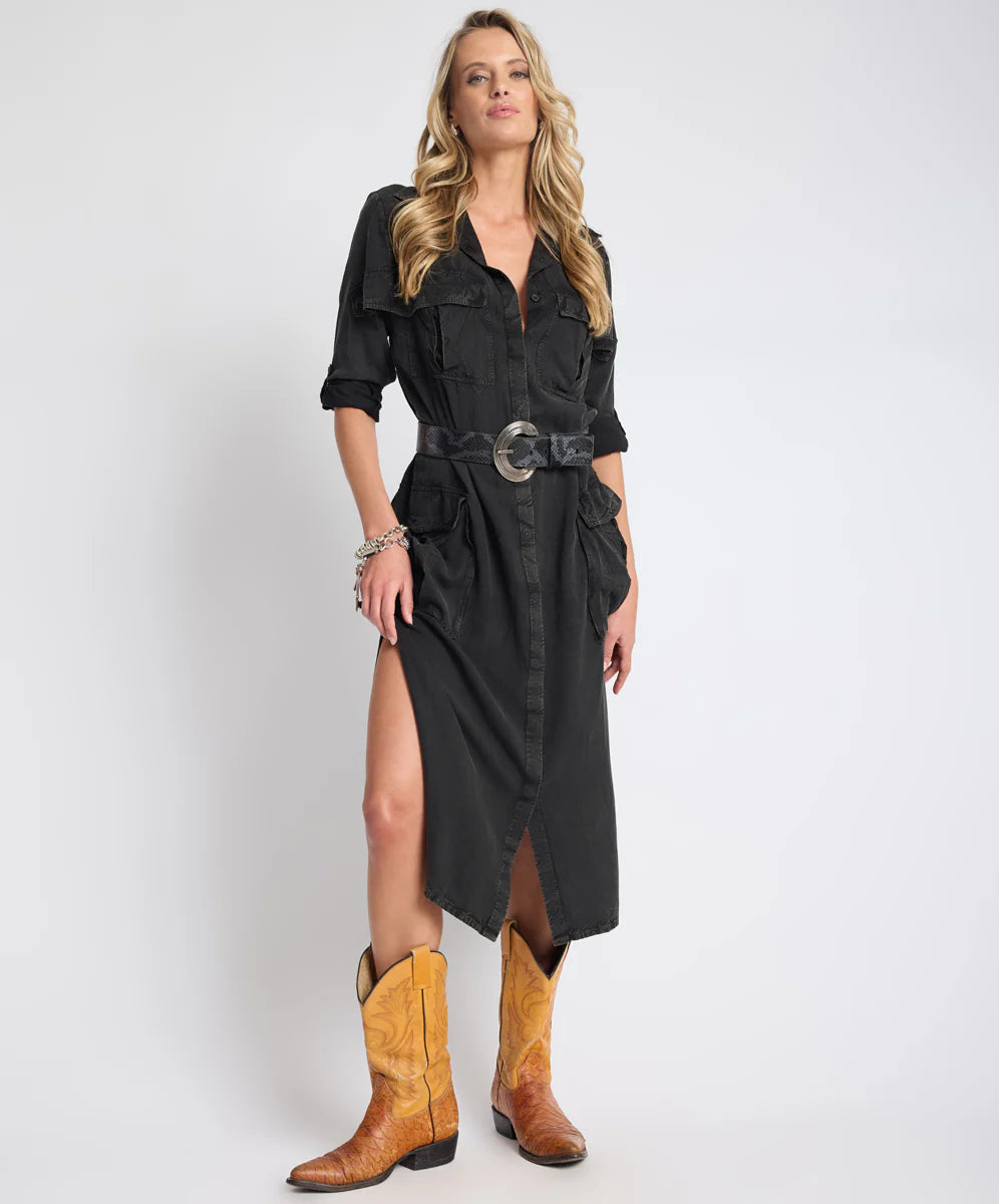 ONE TEASPOON Womens Crushed Midi Shirt Dress in Black, WOMENS DRESSES, OneTeaspoon, Elwood 101
